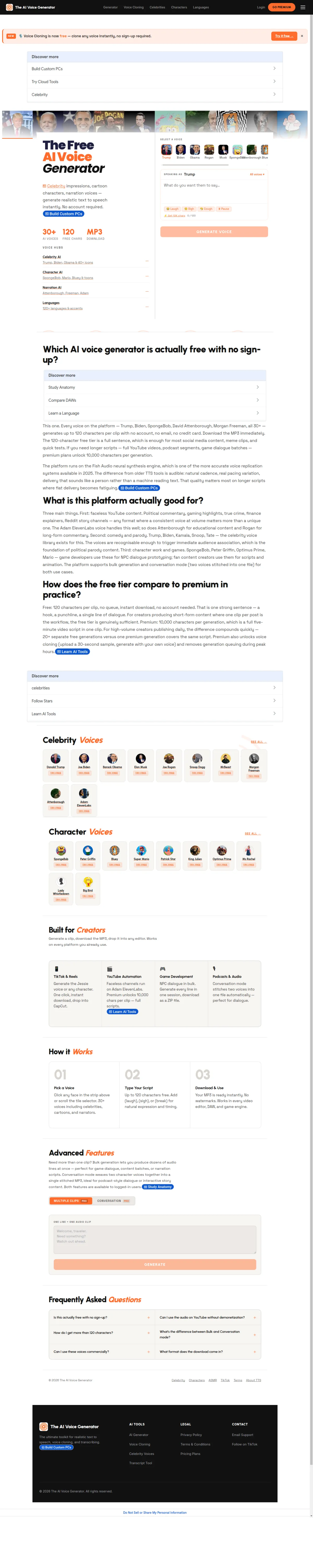The AI Voice Generator website, desktop view