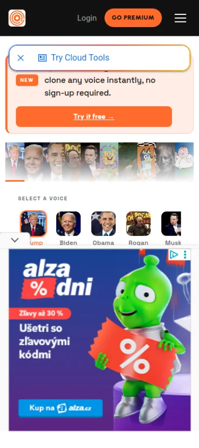 The AI Voice Generator website, mobile view